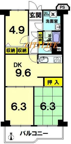 ユニハイム四条梅津(3DK) 3階の間取り図