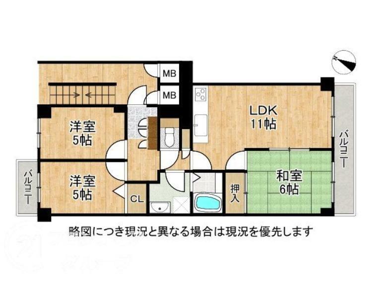 千船ビューハイツ(3LDK) 6階の間取り図