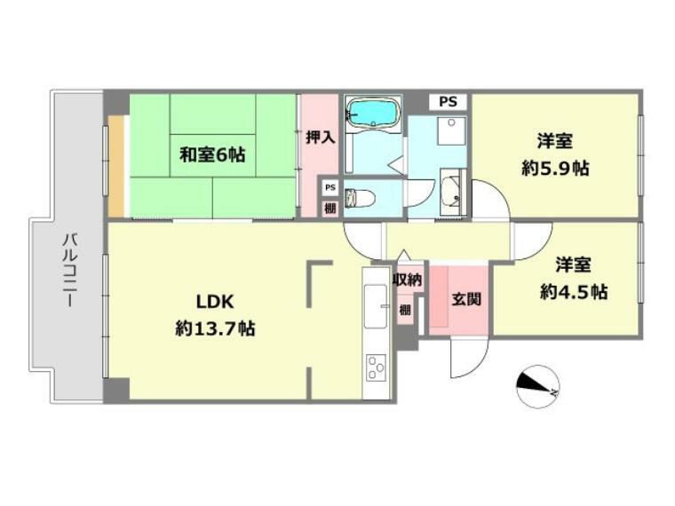 六甲グランドヒルズ壱号館(3LDK) 4階の間取り図
