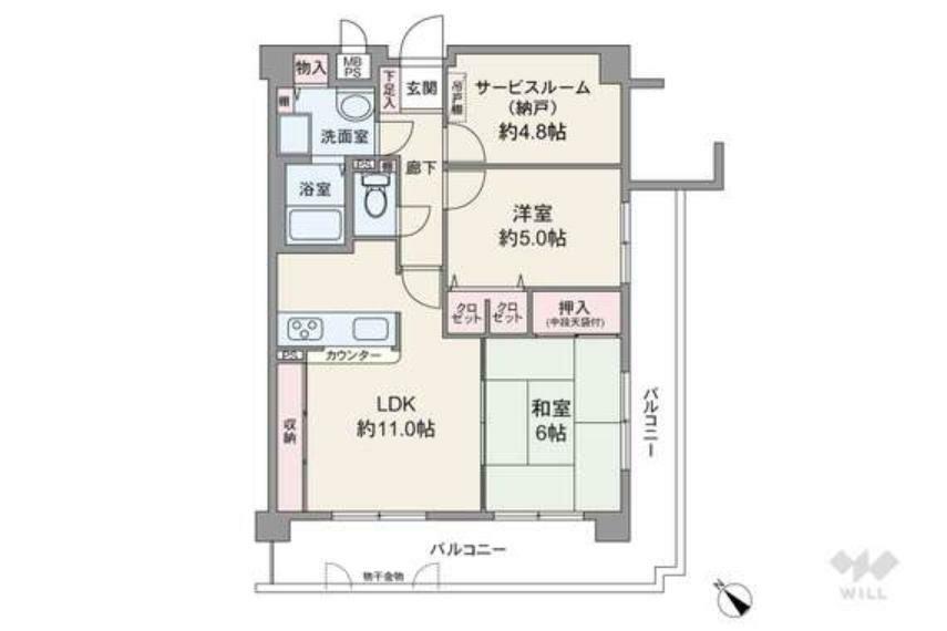 60.08平米の2SLDK。L字型のバルコニーに居室3部屋が面したワイドスパン。LDKと和室を繋げてより大きな空間としても使用可能。居室とLDKに収納付。バルコニー面積は17.18平米。