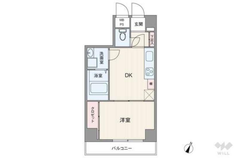 間取りは専有面積32.83平米の1DK。室内廊下が短く居住スペースを広く確保したプラン。DKと洋室が続き間で、間仕切りを開放してビッグワンルームとしても使用出来ます。バルコニー面積は5.40平米です。