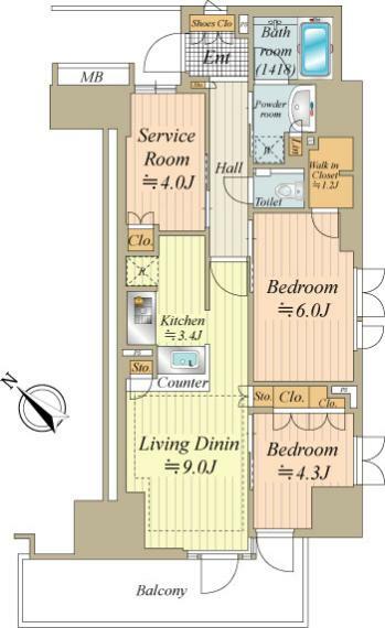 南西・南東・北東、3方向の角部屋で、隣は構造上立体庁舎上スペースのため、隣接住戸がありません。 また、階下にも住戸が無いため、プライベート性が高い部屋位置です。