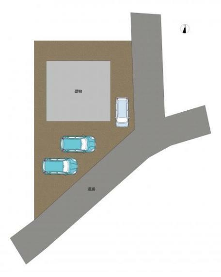 【区画図】普通車並列2台と軽自動車1台分の駐車スペースを確保致します。