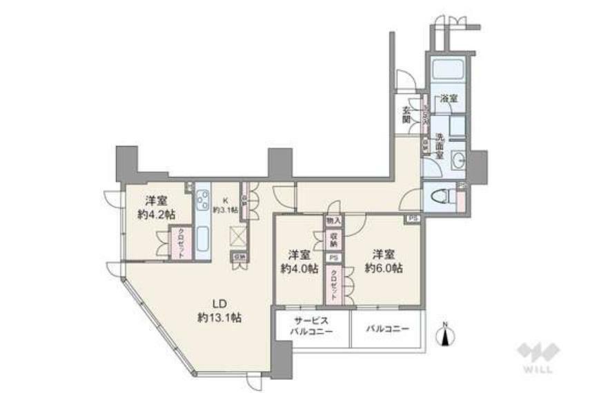 ブランズタワー大阪本町(3LDK) 25階の間取り図
