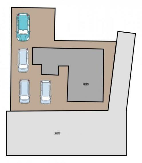 【敷地図】車は3～4台駐車が可能です。コンクリートで舗装しているので、草刈の心配もありません。