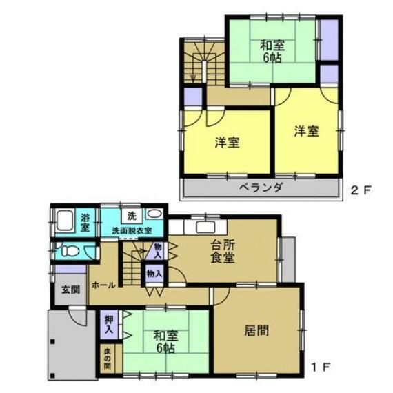 【間取り図】間取りは5DKの二階建てです。1階に和室1部屋、洋室1部屋とキッチン、2階は和室1部屋と洋室2部屋となっております。