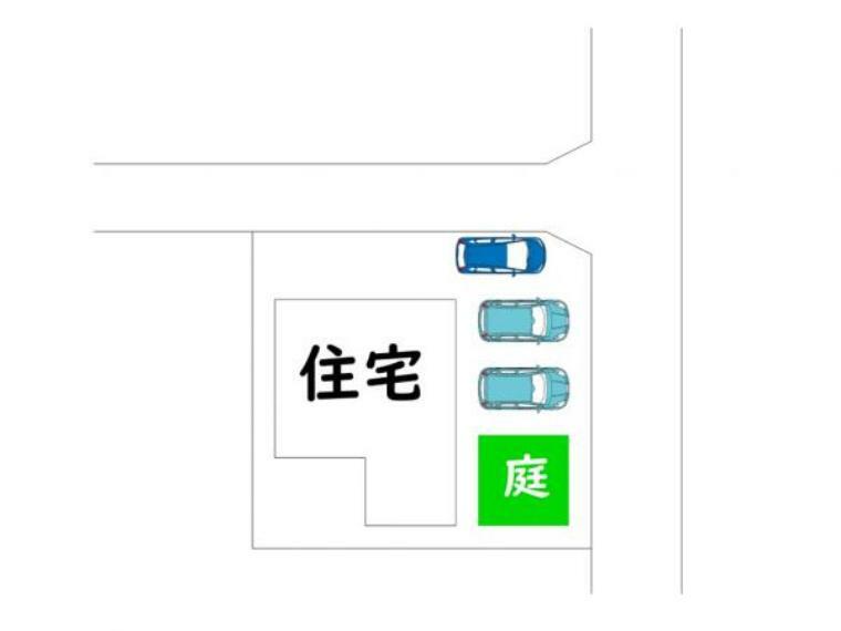 【敷地図】前面道路は交通量が少ない為、小さなお子様がいらっしゃるご家庭でも安心です。駐車は3台可能になります。