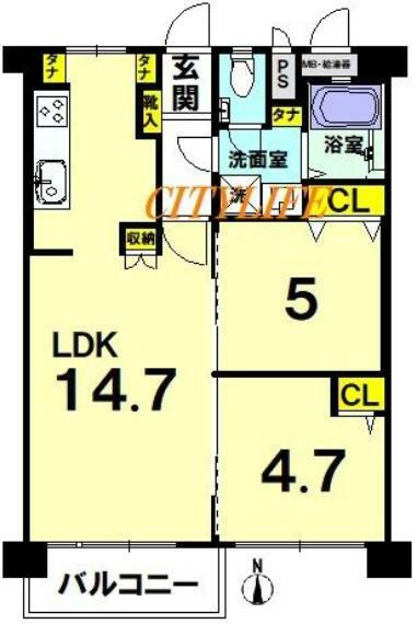 九条住宅B棟(2LDK) 5階の間取り図