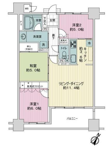 サーパス東千石(3LDK) 2階の間取り図