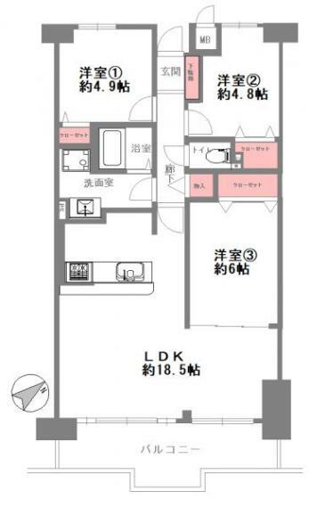 ファミールハイツ明石　壱番館(3LDK) 7階の間取り図