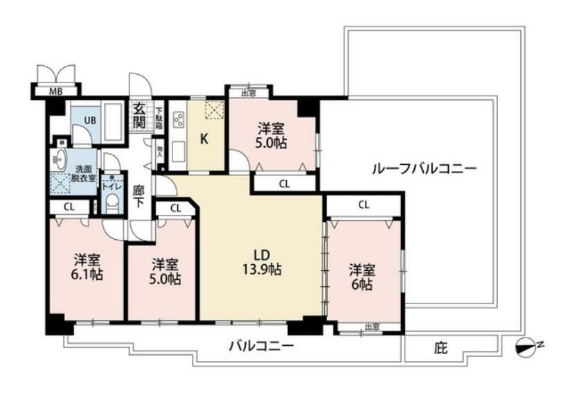 全室バルコニーに面しており、陽当たり良好。居間と隣接する洋室を合わせると約20帖の大空間になります。