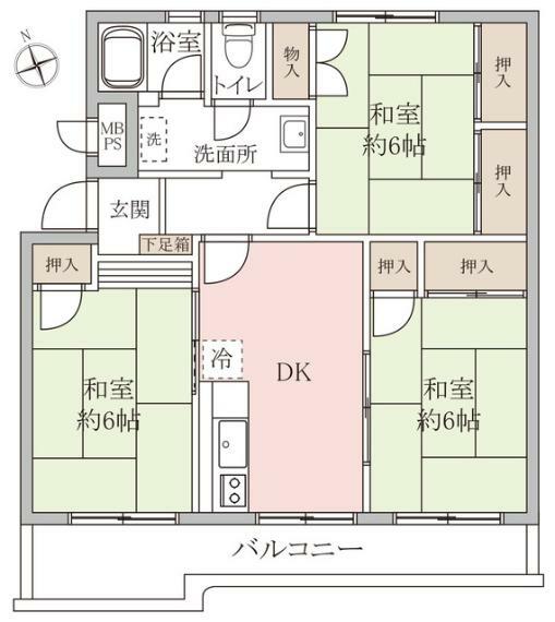 南西向き3DK。全居室6畳以上。全居室収納スペース付で住空間もスッキリ広々。