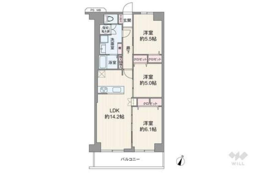 間取りは専有面積72平米の3LDK。LDK約14.2帖の縦長リビングのプラン。全居室洋室仕様で、個室3部屋中2部屋はLDKから出入りします。LDKは隣接する洋室とつなげて広くすることも可能。