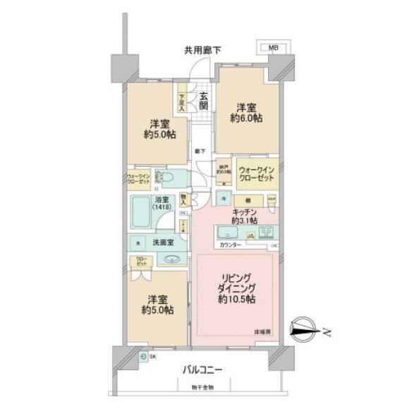 シティハウス小金井公園D棟(3LDK) 5階の間取り図