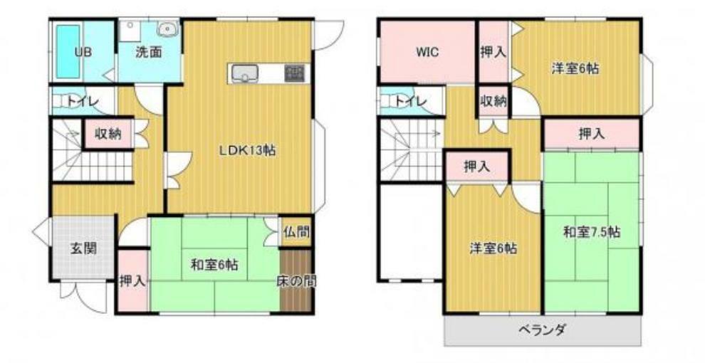 【間取り図】1階に13帖リビングと6帖和室が1部屋、2階に6帖洋室が2部屋、7.5帖和室が1部屋の4SLDKになります。