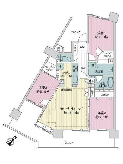 ライオンズシティお花茶屋(3LDK) 3階の間取り図