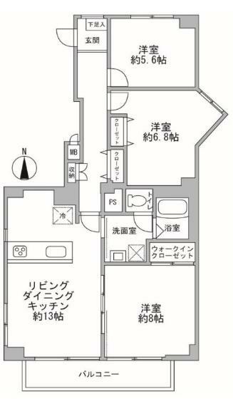 多摩リバーサイドハウス(3LDK) 12階の間取り図