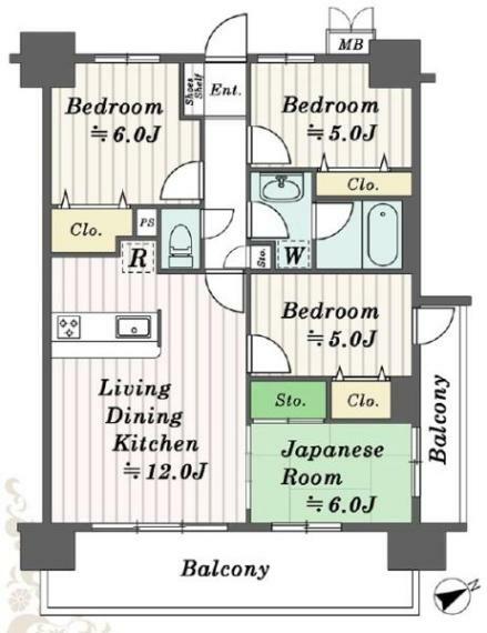 4LDK。リビングに隣接する和室は、来客時、子育てシーンや家事スペースとしてもお使い頂けて便利です。各居室に収納がございますので、すっきり片付くお住まいです。