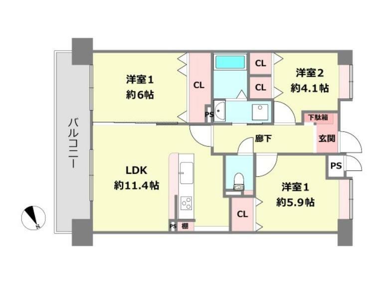 ユニライフ阪神杭瀬(3LDK) 2階の間取り図