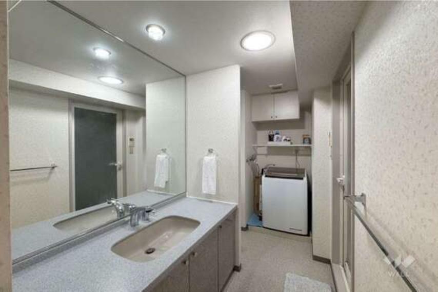 洗面室［2024年3月28日撮影］大きな鏡のある洗面台。2人が横並びになっても問題のない広さです。
