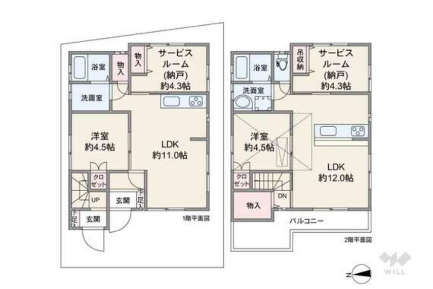 延床面積96.39平米の1SLDK＋1SLDK。キッチン・浴室・洗面室が各階に設けられた2世帯に対応したプラン。どちらの階もLDKを中心に個室や水回りが配置された家族が顔を合わせやすい造りです。