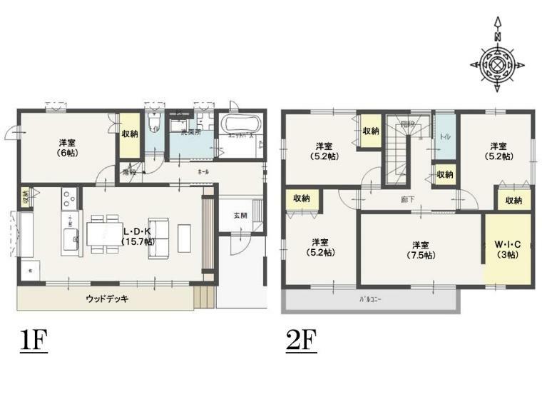 建物34坪の5LDKの間取りです。ウッドデッキ付きです。