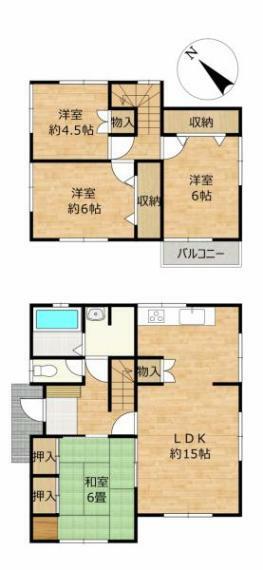 【間取図】4LDKの木造2階建てのお家です。2階各居室には2つ窓があり、風通しもいいお部屋になっていますね。また各部屋に収納があるので、部屋を広く使える間取りになっています。