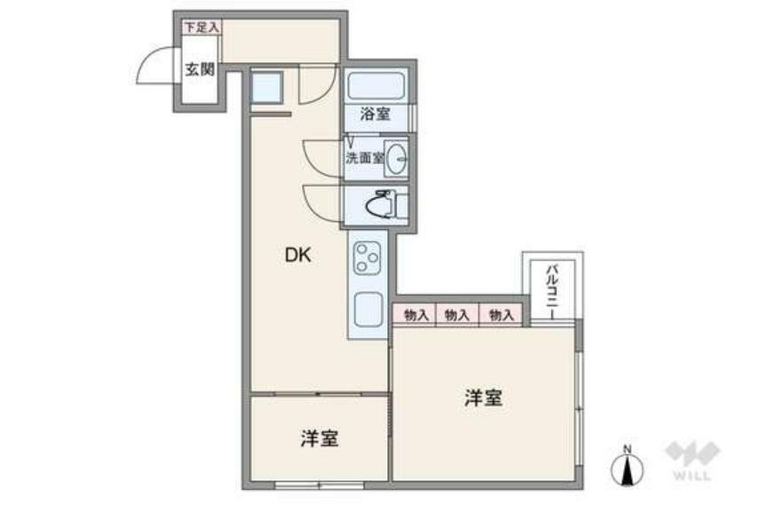 間取りは専有面積45.45平米の2DK。玄関先から室内を見通しにくい、プライバシー性の高いプラン。居室は続き間になっていて、繋げて広々使用することも可能。また、浴室に窓があるのもポイントです。