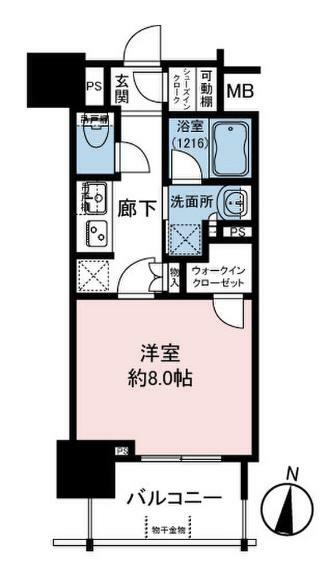 大きな窓から明るい光が差し込む南東向きの住戸1Kは、シングルにちょうどいいサイズの間取りです。