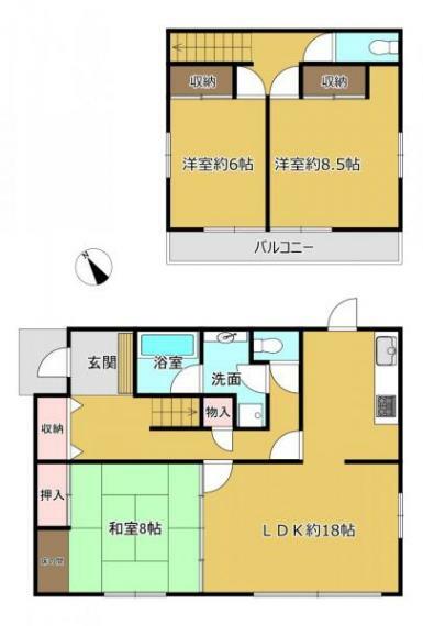 【間取り図】【間取図】LDK約18帖の木造2階建てのお家です。2階各居室には2つ窓があり、風通しもいいお部屋になっていますね。また各部屋に収納があるので、部屋を広く使える間取りになっています。