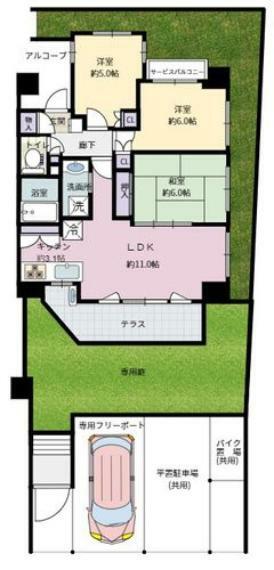 3LDK、価格4080万円、専有面積64.52m2、バルコニー面積8.55m2、専用庭31.25m2、1階部分、西向き、専用カーポート付、2013年11月築