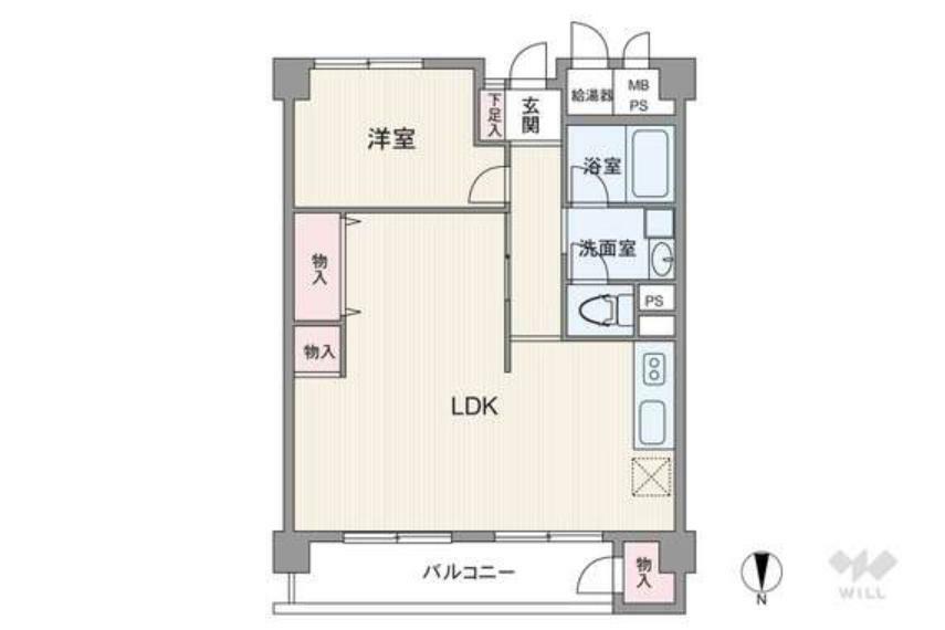 間取りは専有面積52.28平米の1LDK。LDKがL字型のスペースを分けて使いやすいプラン。サニタリーは室内廊下に沿って設置されています。バルコニーは6.6平米で、便利なスロップシンク付きです。