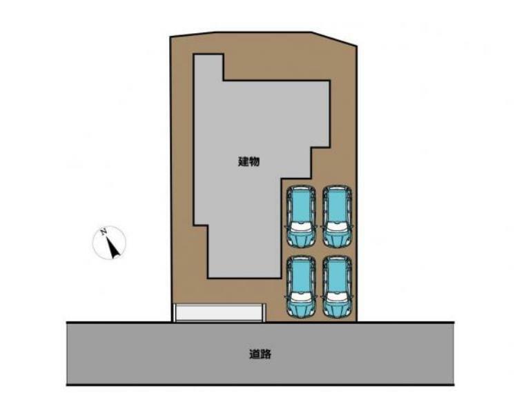 【区画図】2階建てのお家となります。駐車場は並列であれば軽自動車4台、縦列であれば普通車2台駐車可能です。