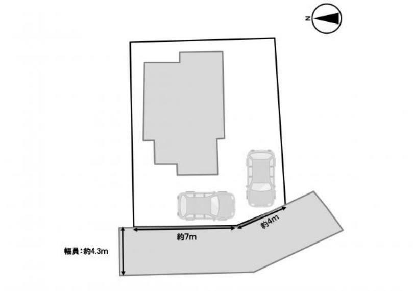 【区画図】駐車2台になります。お庭部分を撤去して駐車場の拡張を行います。