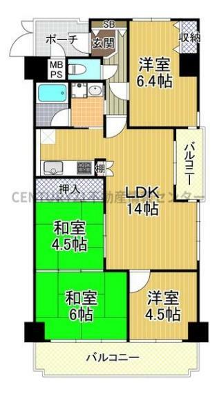 4LDKタイプ、南東角部屋