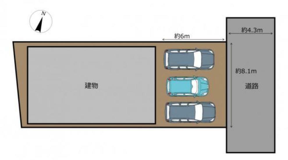 【区画図】お車はこのように並列で3台駐車可能になります。複数台停められると来客時も安心ですね。