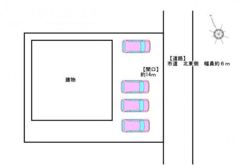 【区画図】駐車4台分のスペースがございます。1台はカーポート付きです。