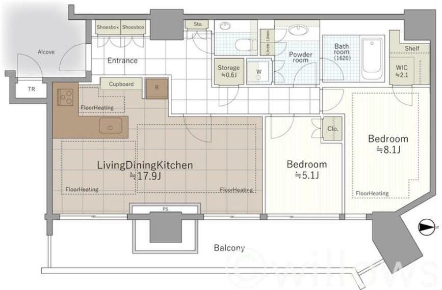 2LDK、88.01m2（壁芯）、分譲住戸の18階に位置しております。エレベーターも高層階用をご利用いただきます。玄関前にトランクルームがございます。納戸や収納も各所に備えられております。