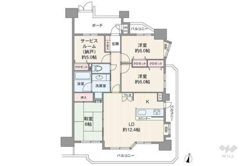 間取りは専有面積83.23平米の3SLDK。LDK約12.4帖のプラン。複数方向に採光部があり、バルコニー面積は23.11平米です。