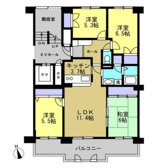 【間取り図】専有面積83.78平米（壁芯）の4LDKです。洋室3部屋、和室1部屋になります。キッチンは対面式です。