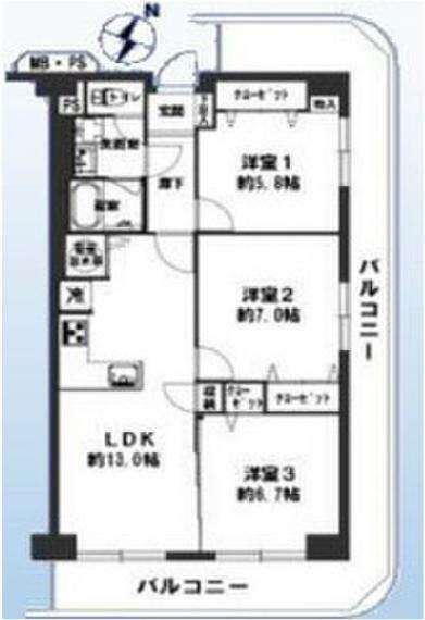 日商岩井金町マンション(3LDK) 4階の間取り図