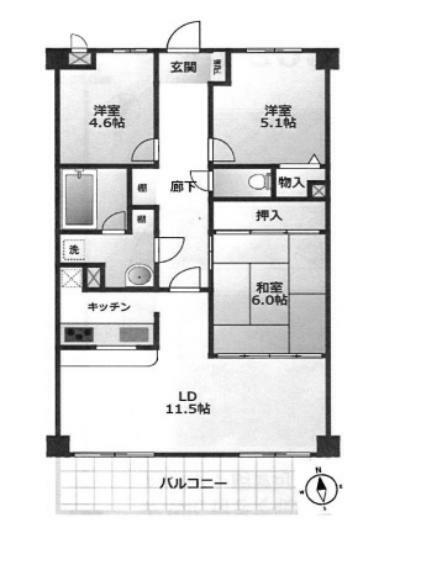ライオンズマンション津田沼第6(3LDK) 3階の間取り図