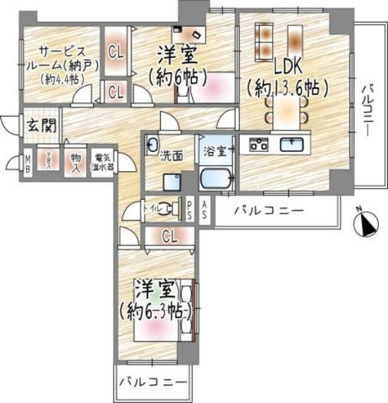 仁川グリーンハイツ(2LDK) 6階の間取り図