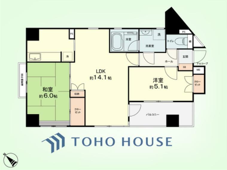 2LDK　専有面積57.85平米、バルコニー面積6.45平米