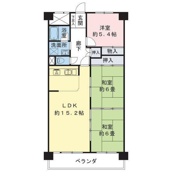 南東向きバルコニー付で陽当たり良好の3LDK。専有面積73.52m2になります。