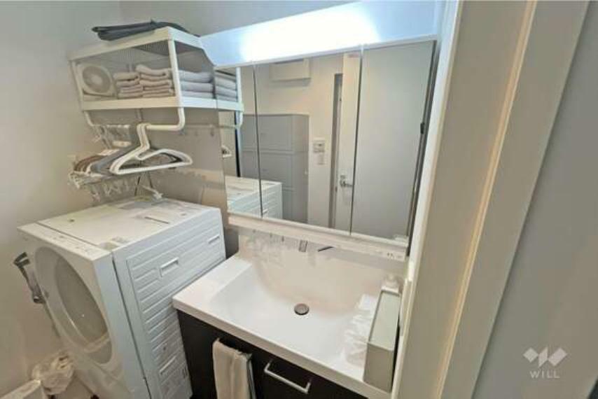 三面鏡にもなっており、収納スペースもたくさんある洗面台です。大変綺麗に使われています。