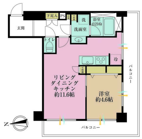 1LDK、専有面積42.24m2、バルコニー面積13.6m2