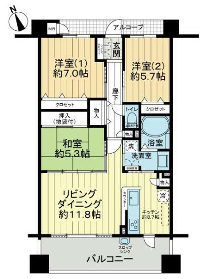 サーパス三津浜駅通り(3LDK) 5階の間取り図