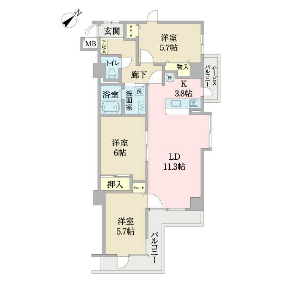 ベルシェ松戸V(3LDK) 2階の間取り図