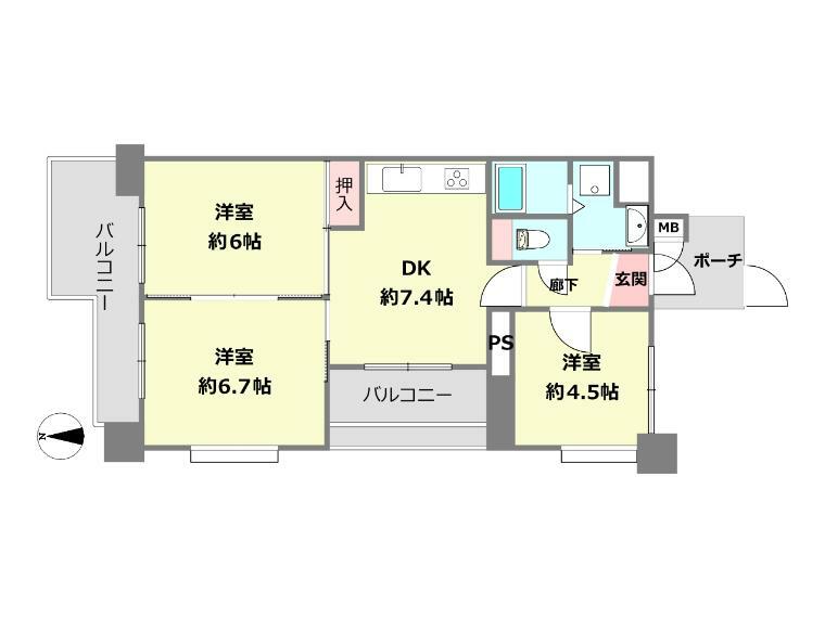 甲子園プラッツ(3DK) 9階の間取り図